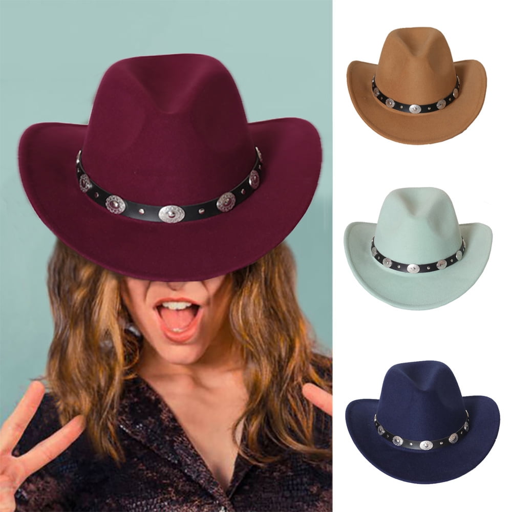 LZLER Western Cowboy Hat for Men Women Felt Wide Brim Cowgirl Hat with Strap