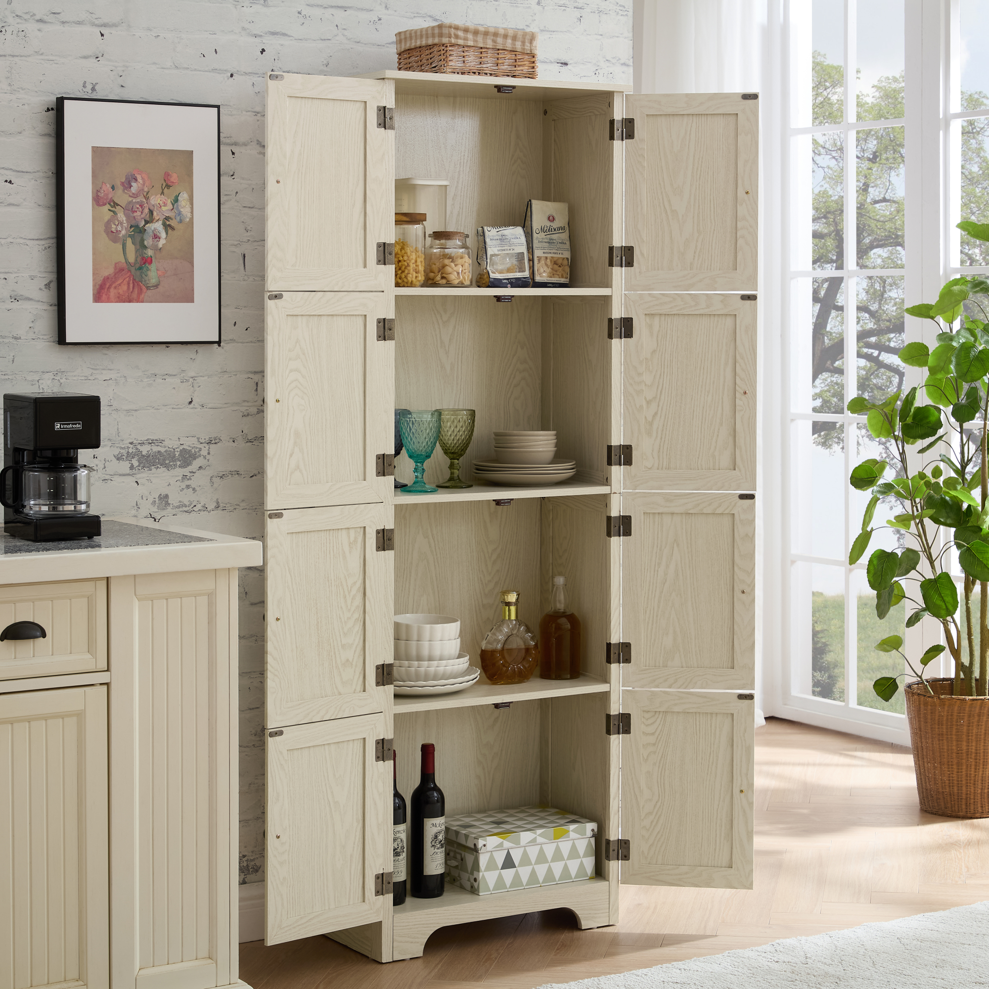 Leumius 72.4" Tall Storage Cabinet Tall Storage Cabinet with 8 Doors and 4 Shelves ,Bookshelf for Living Room, Kitchen, Dining Room, Office White