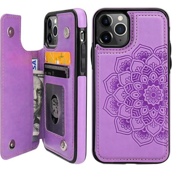 iPhone 11 Pro Case Wallet with Card Holder, Embossed Mandala Pattern Flower Premium PU Leather Double Magnetic Buttons Flip Shockproof Protective Cover for iPhone 11 Pro 5.8 Inch(Purple)