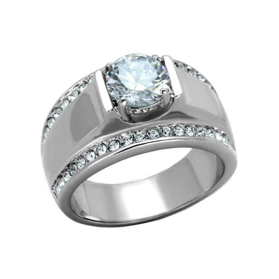 8x8mm Round Cut Clear CZ Center Raised Small Side Stones Stainless Steel Mens Ring - Size 9