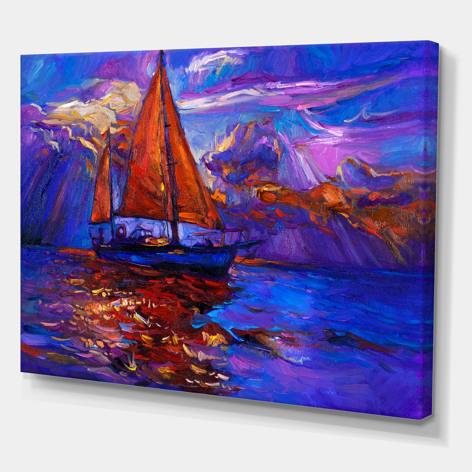 Designart ' Red Sail Ship On Purple Sunset in Blue Ocean ' Nautical & Coastal Canvas Wall Art Print