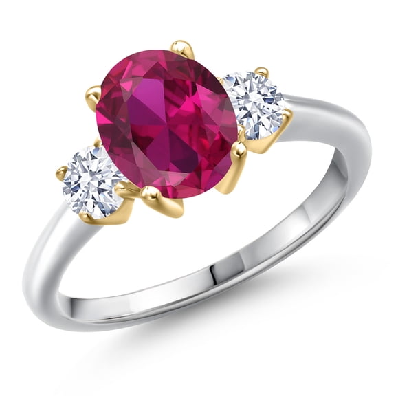 Gem Stone King 10K Two Tone Gold Red Created Ruby and White Zirconia Engagement Ring for Women | 2.50 Cttw | Oval 9X7MM | Gemstone July Birthstone | Size 8
