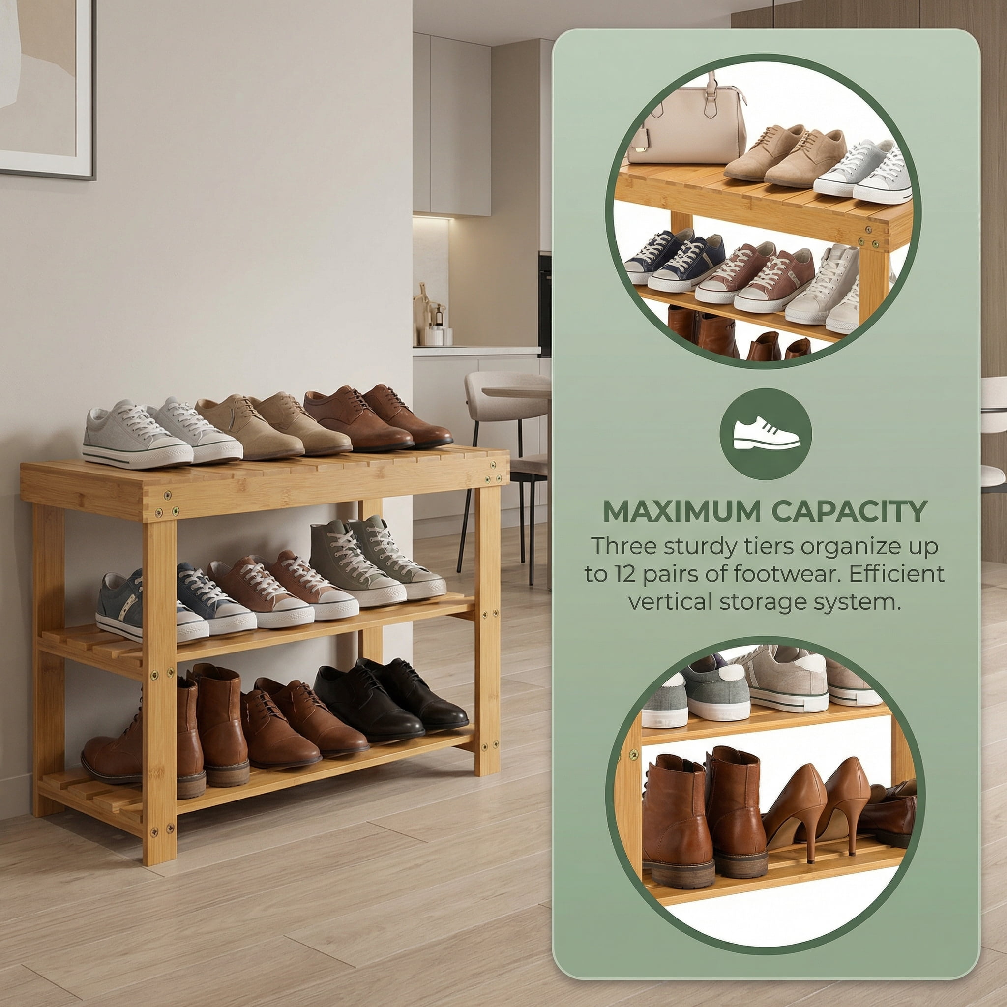 CHITOOMA 3 Tier Bamboo Shoe Storage Bench for Entryway, Wood Hallway Shoe Rack Shoe Organizer Shelf for Living Room Bedroom, Natural