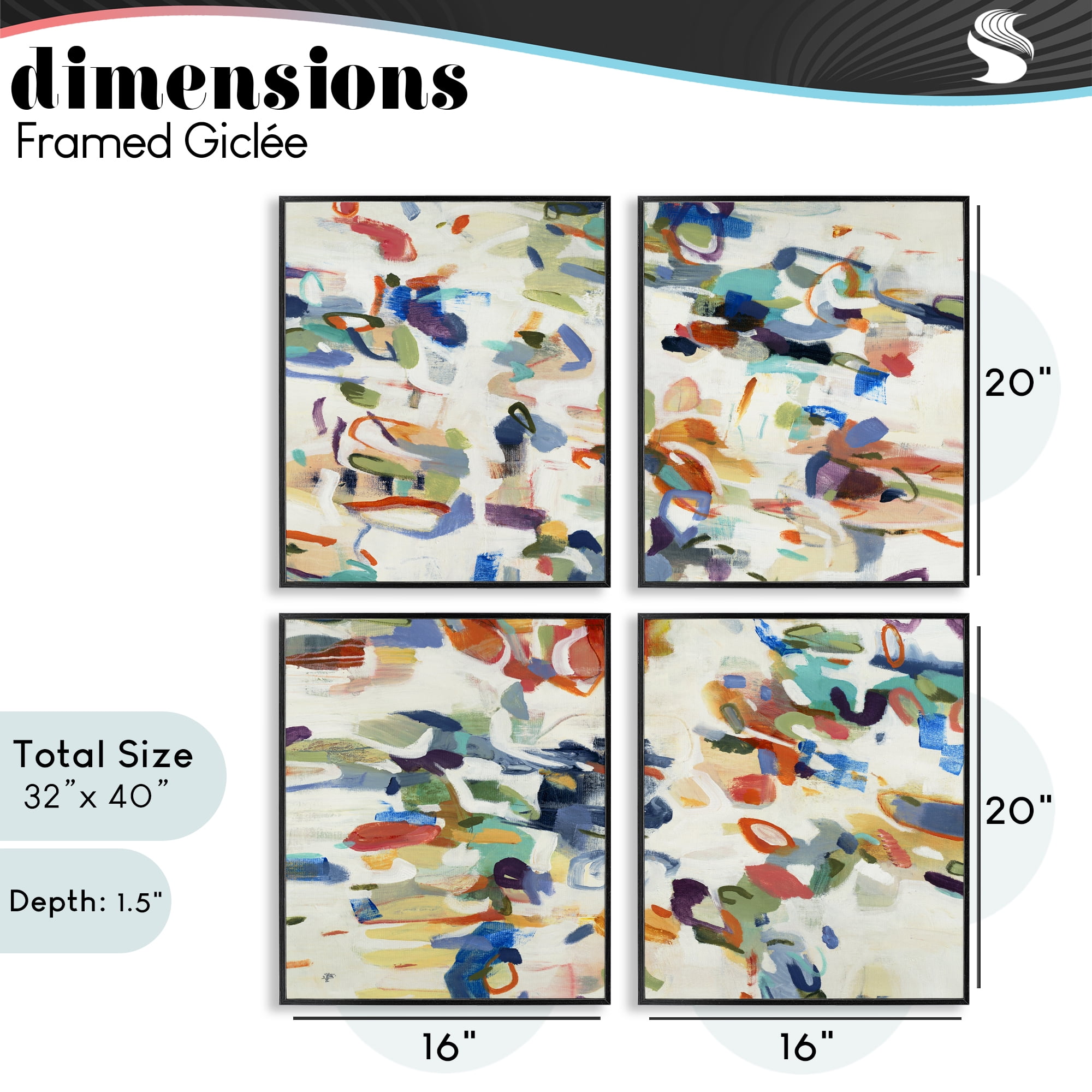 Stupell Industries Primary Hues Composition 4 Piece Black Framed Giclee Art Set, design by Lisa Ridgers