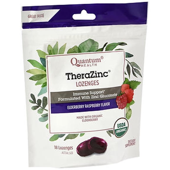 Quantum Organic TheraZinc Lozenges Immune Support for Cough Relief Elderberry Raspberry Flavor, 18 ct