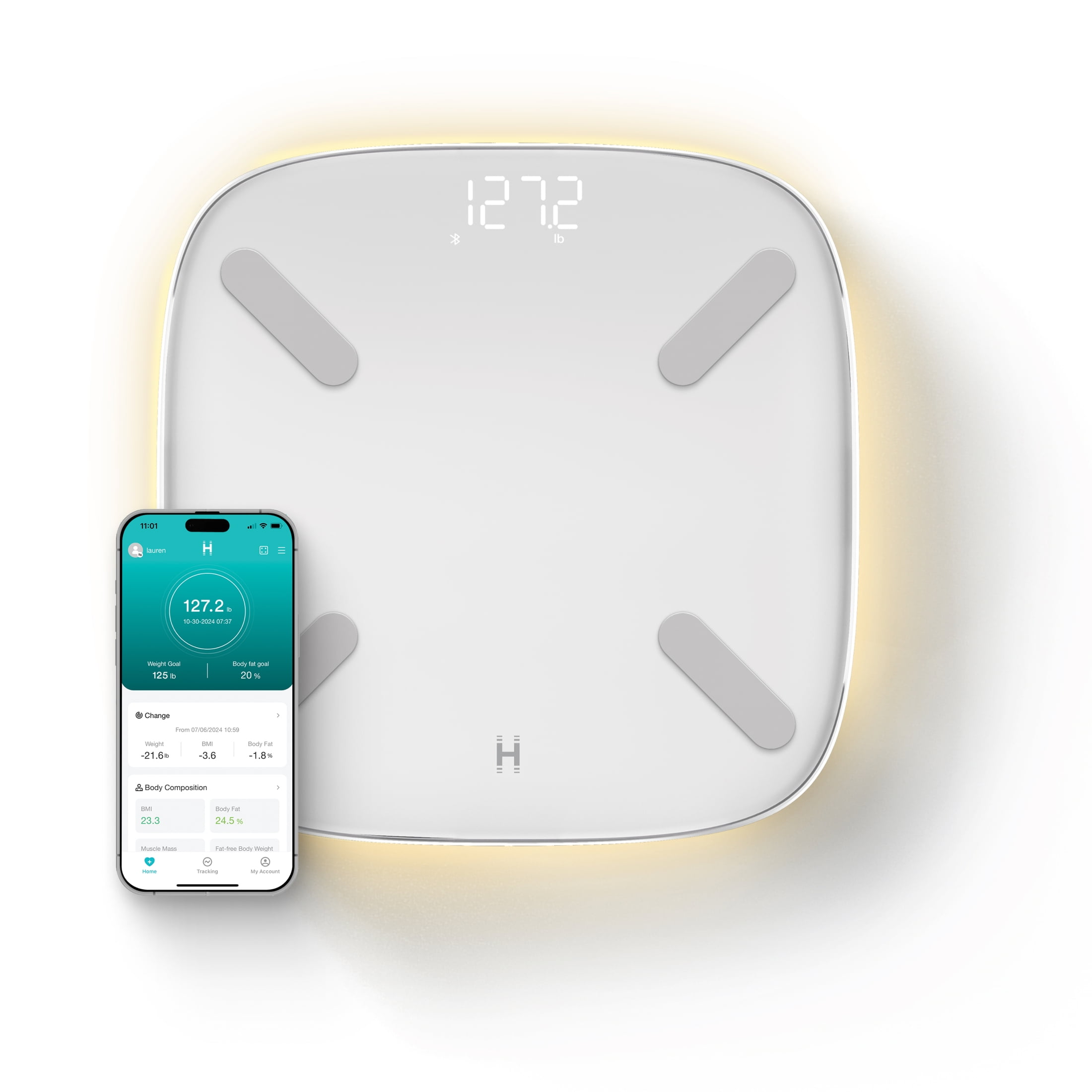 Homedics Smart Glo, Digital Bathroom Scale, Motion-Sensing Ambient Center Illumination, Sleek Tempered Glass, High-Precision Weight Measurement Up to 400 lbs, Sustainable Design, Bluetooth, White