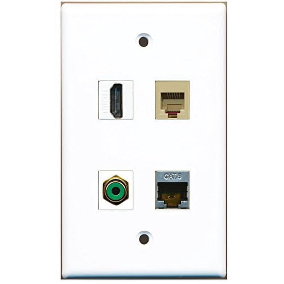RiteAV - 1 Port HDMI 1 Port RCA Green 1 Port Phone RJ11 RJ12 Beige 1 Port Shielded Cat6 Ethernet Wall Plate
