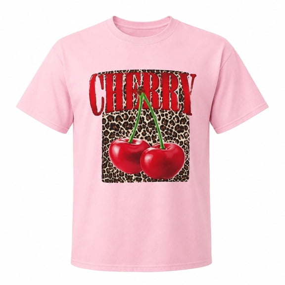 Women’s Cherry Leopard Graphic T-Shirt, Short Sleeve Crew Neck Tee