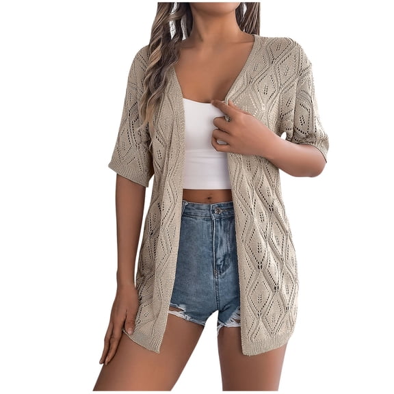 Crochet Cardigan for Women Summer Short Sleeve Lightweight Beach Cover Ups Open Front Knit Tops