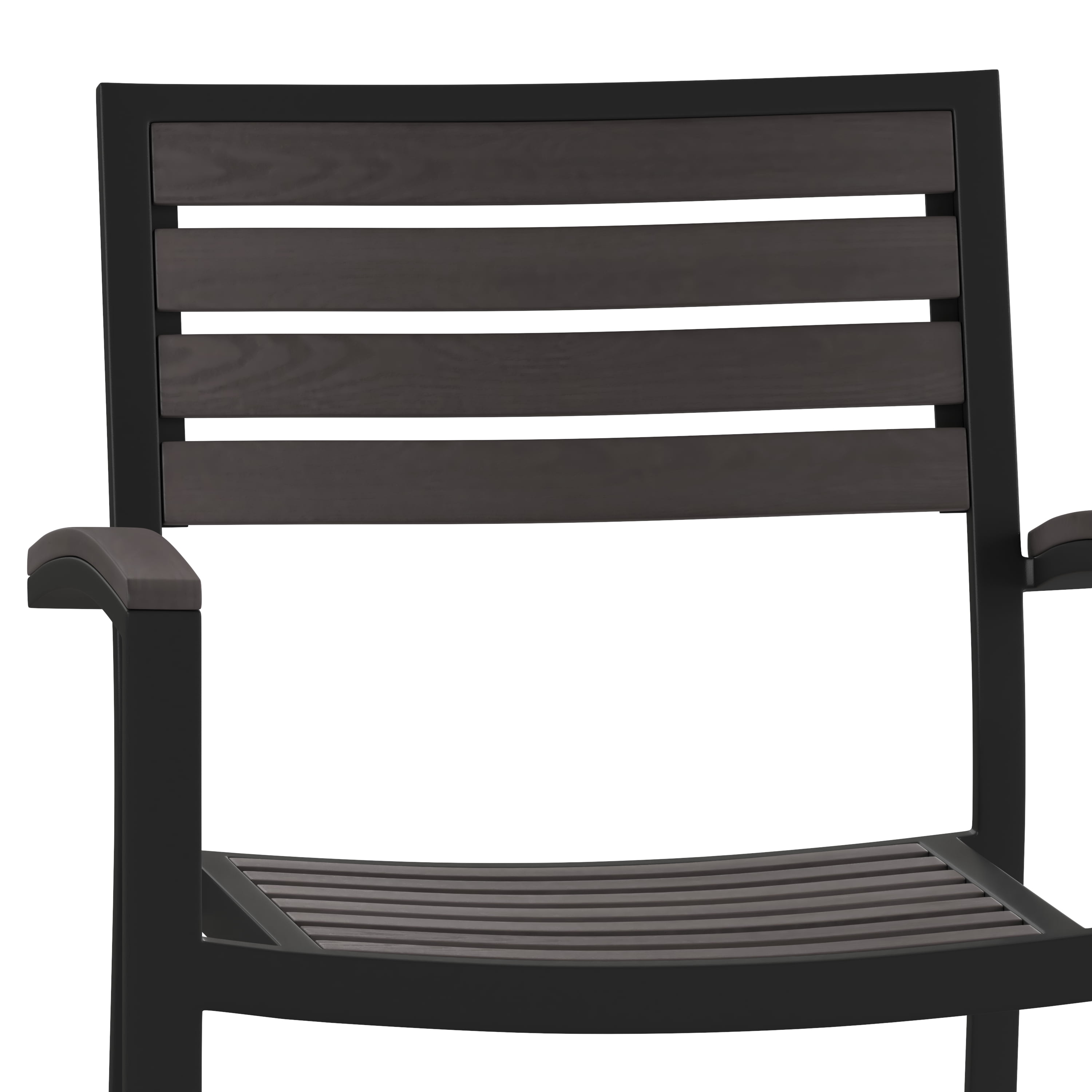 BizChair Set of 2 Outdoor Stackable Faux Teak Side Chairs - Commercial Grade Black Aluminum Patio Chairs with Synthetic Gray Wash Faux Teak Slats