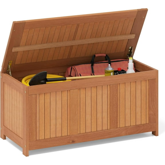 QISHENSHUI 58 Gallon Wood Outdoor Storage Box, 3-in-1 Patio Storage Bench with Flip Top for Cushions, Pool Supplies, Gardening Tools, Outdoor Deck Box for Garden, Backyard, Poolside