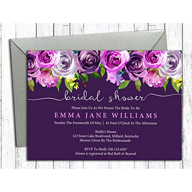 Darling Souvenir Purple Floral Custom Printed Bridal Shower Invitations| Set of 10 Personalized Invites With Envelopes 5 x 7