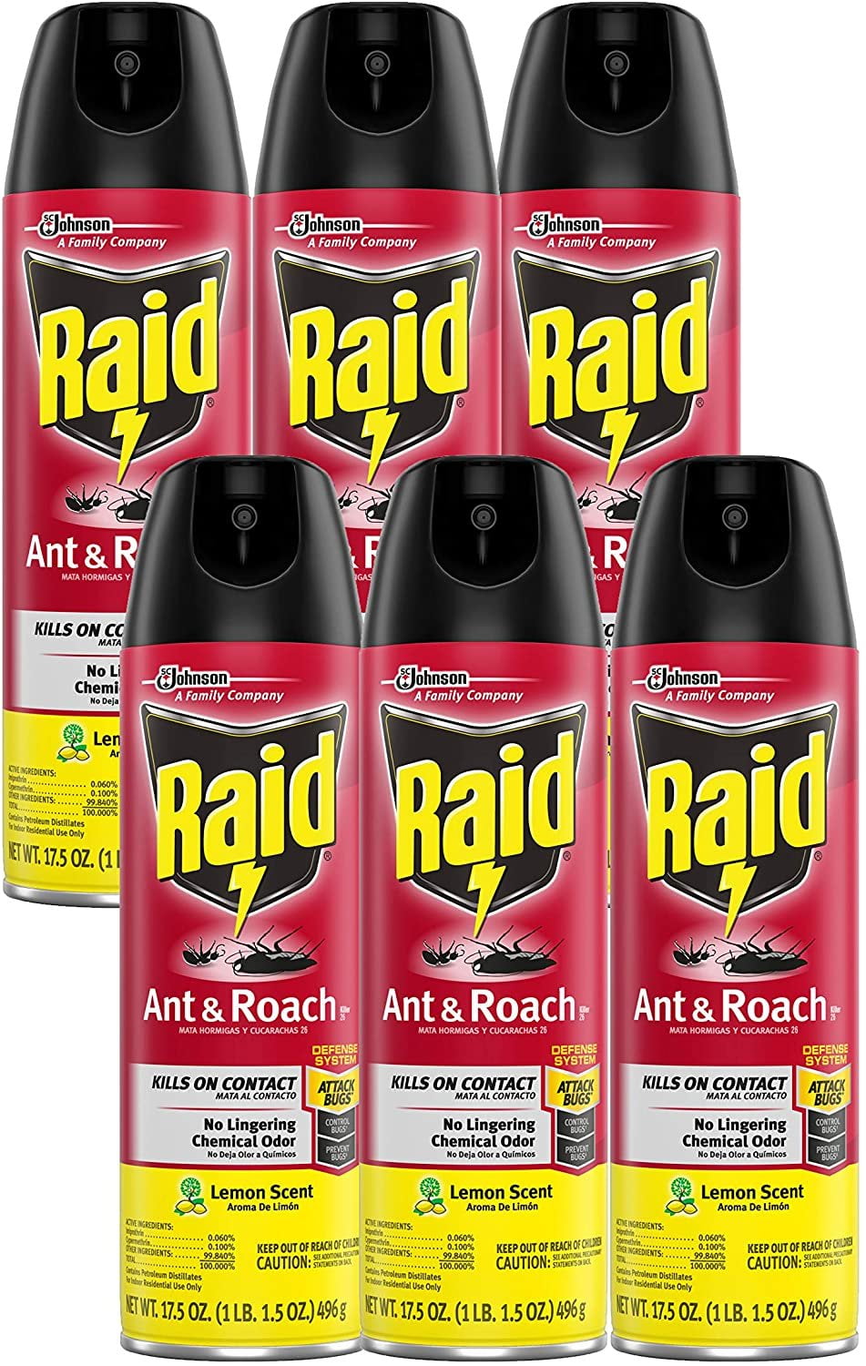 Raid Ant & Roach Killer Lemon Scent, 17.5 OZ Pack 6