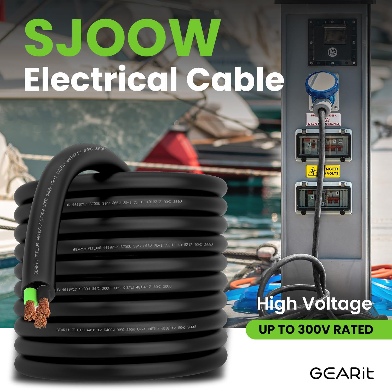GearIT 16/3 16 AWG Portable Power Cable (50 Feet - 3 Conductor) SJOOW 300V 16 Gauge Electric Wire for Motor Leads, Portable lights, Battery Chargers, Stage Lights and Machinery -50ft Electrical Cord