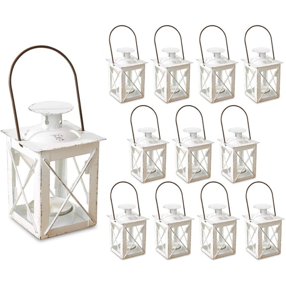 Kate Aspen Decorative Lanterns - Set of 12 - Luminous Distressed Metal Lantern Candle Holders for Wedding, Home Decor and Party - 4.5" H (6.5" H with Handle) – White