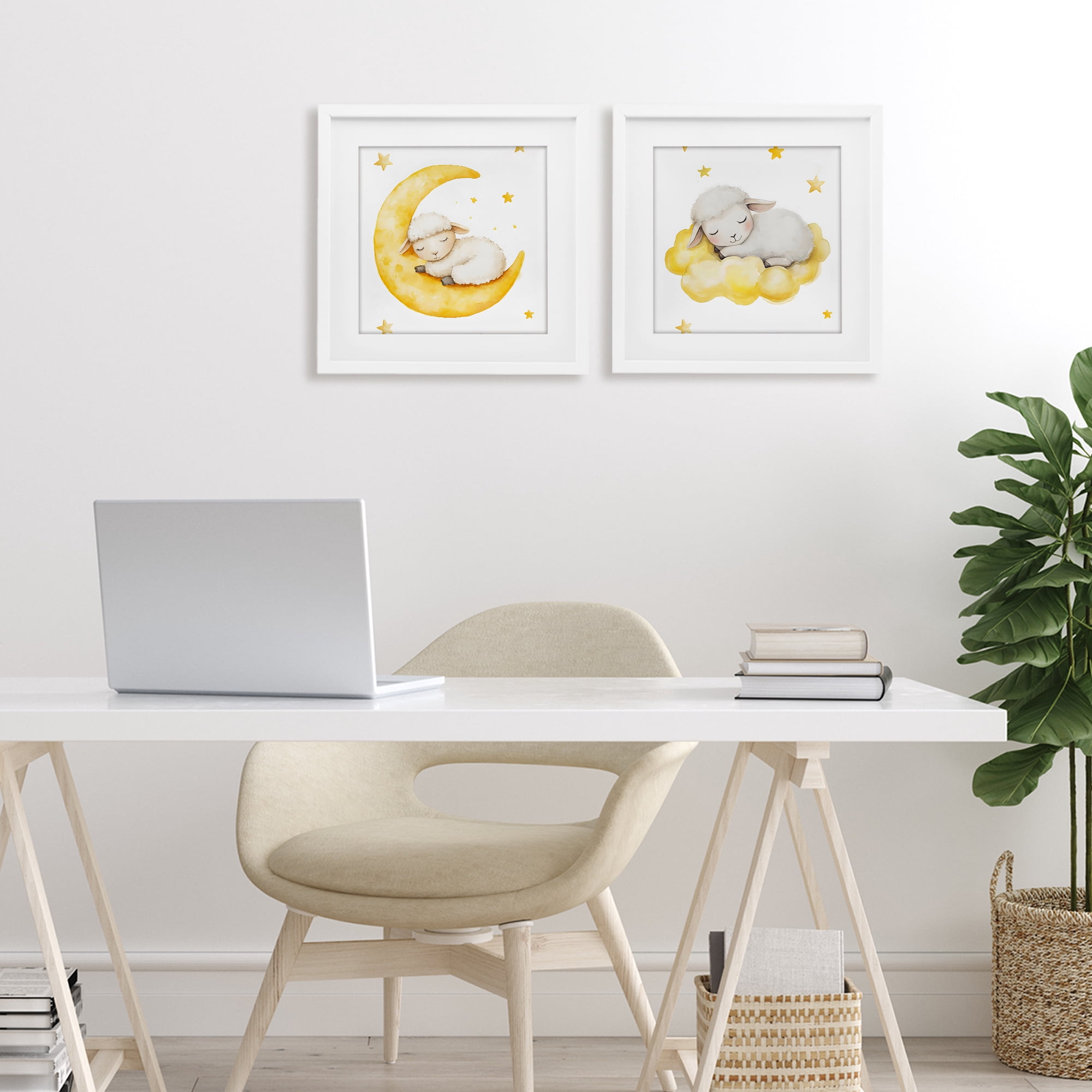 Stupell Industries Sleeping Sheep Cloud and Moon 2 Piece White Framed Print Under Glass Set, design by LSR Design Studio