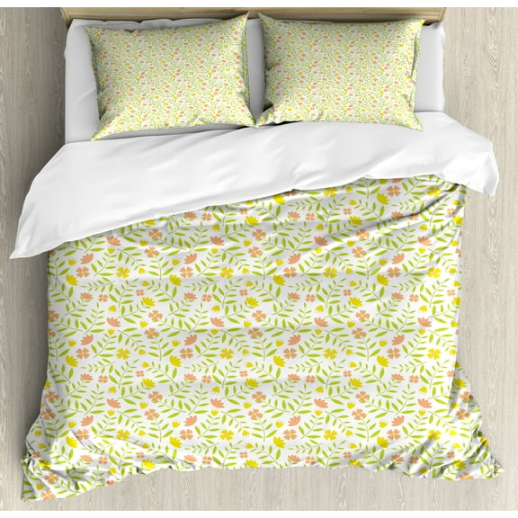 Abstract Duvet Cover Set King Size, Nursery Concept of Tiny Twiggy Tulips and Four Petal Flowers, Decorative 3 Piece Bedding Set with 2 Pillow Shams, Yellow Green Salmon and Yellow, by Ambesonne