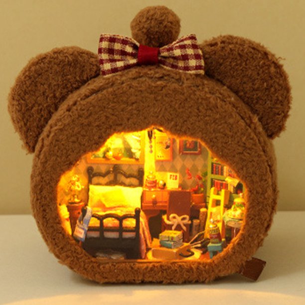 Casa De Muñecas Con Estuche De Osos Lámpara de oso con muebles con batería de botón Juguetes ensamblados para niñas Regalos de Navidad