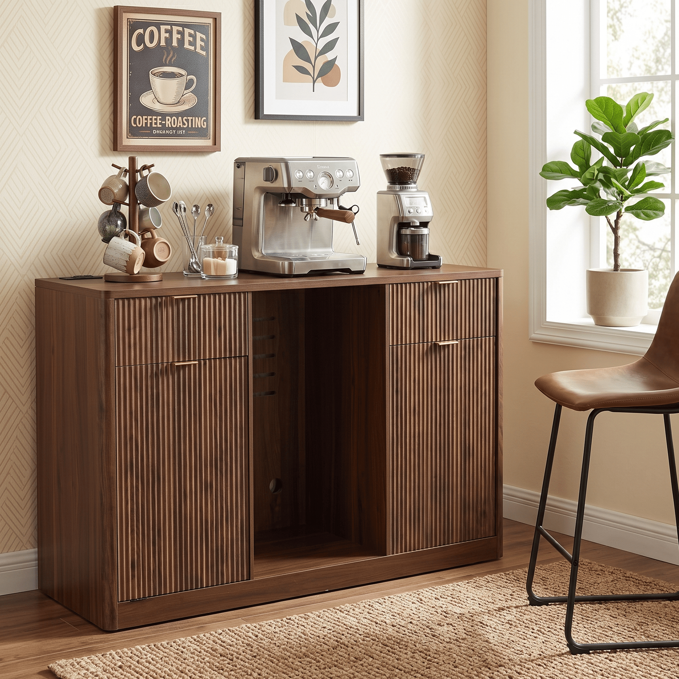 Homy Casa 59" Fluted Kitchen Island with Mini Fridge Space, Trash Cabinet and Outlet, Dark Walnut