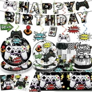 162pcs Video Game Birthday Decorations Set, Serves 25 Guests, Gaming Birthday party supplies with 300gsm Cardstock Paper Plates, Ideal for Gamer Theme Boys Party Celebration
