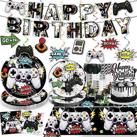 162pcs Video Game Birthday Decorations Set, Serves 25 Guests, Gaming Birthday party supplies with 300gsm Cardstock Paper Plates, Ideal for Gamer Theme Boys Party Celebration