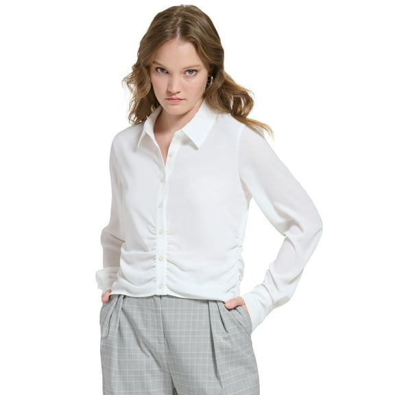 Women's Ruched-Hem Buttoned Shirt Cream L
