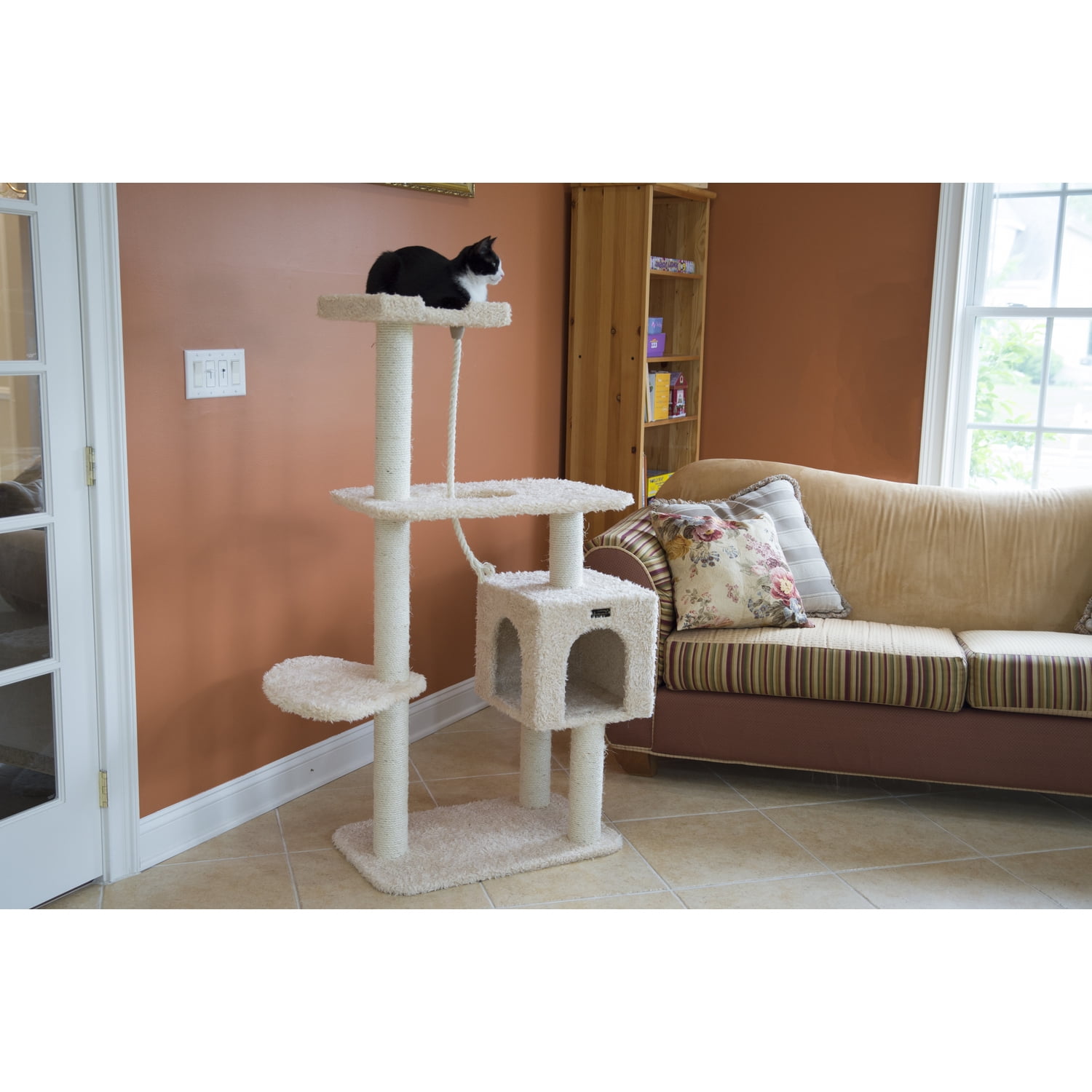 Cat Tree - Beige Faux Fur - 40" Tall - Playhouse, Ramp & Perch - 40 lb Weight Capacity