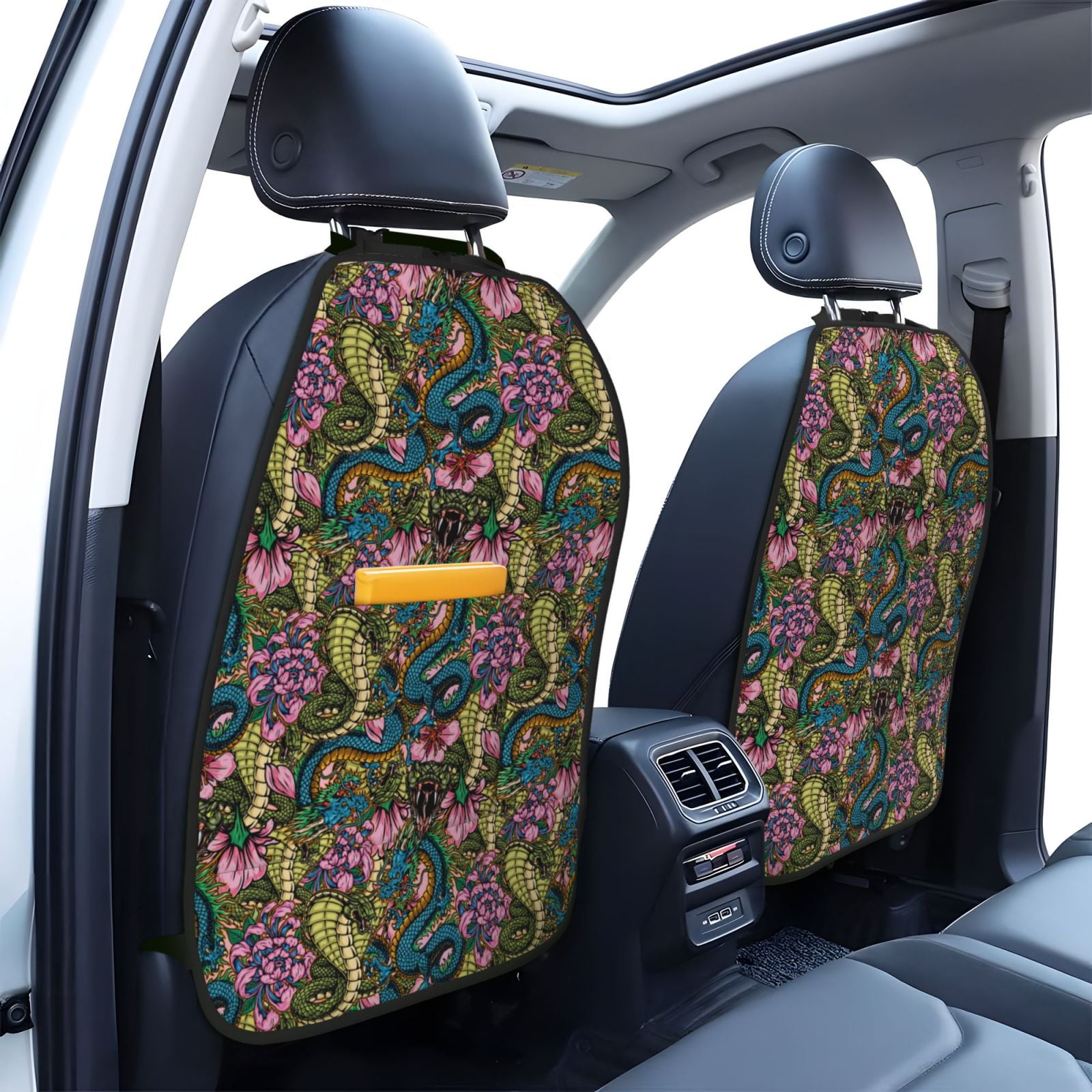 Kdxio Snake And Flower Print 2 Pack Car Kick Mat Seat Cover Back Protector Mat with Pockets for Organizer Backseat Protector and Storage Anti Kick Pad for Vehicles