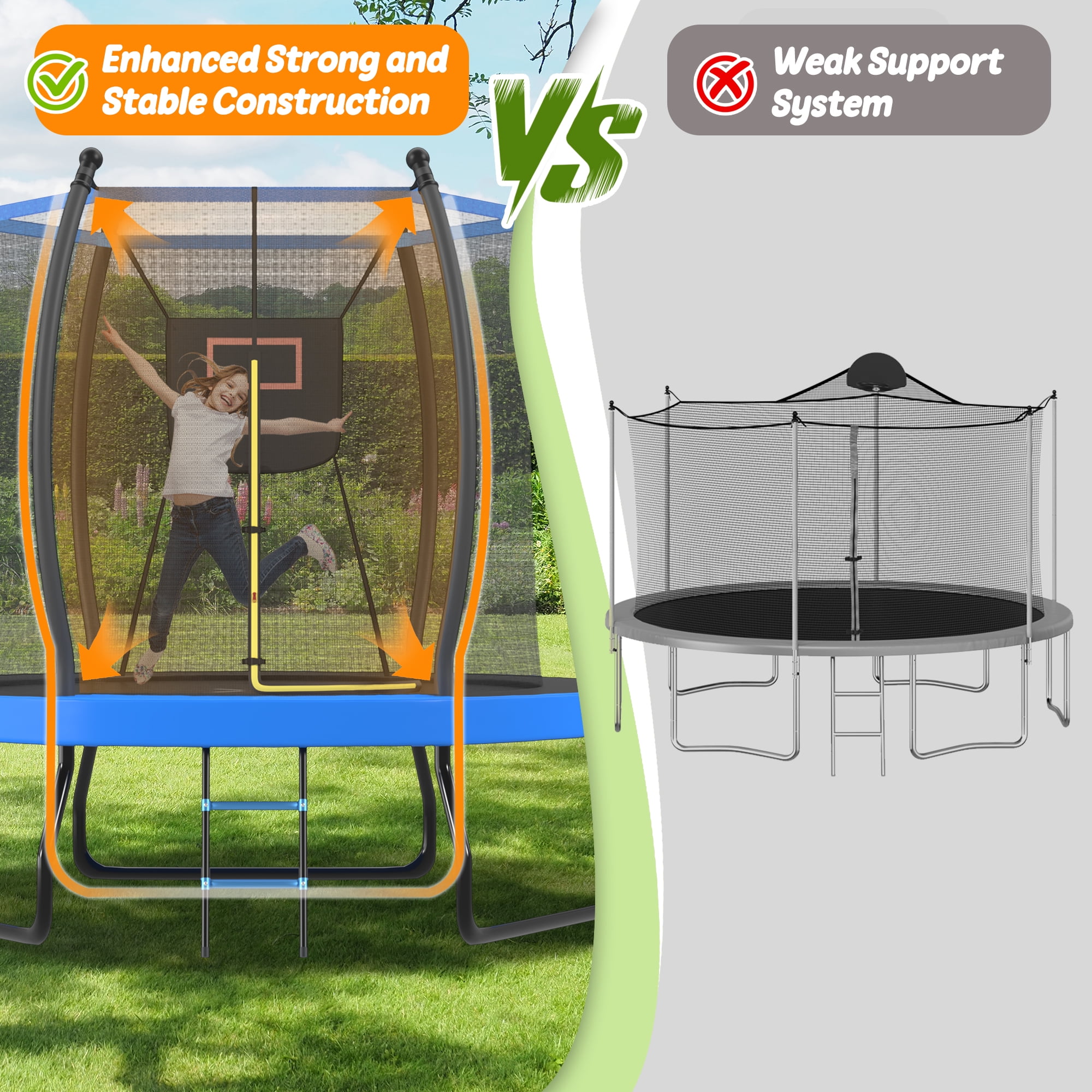 8FT Trampoline with Basketball Hoop, Enclosure Net and Ladder, Outdoor Recreational Backyard Trampoline