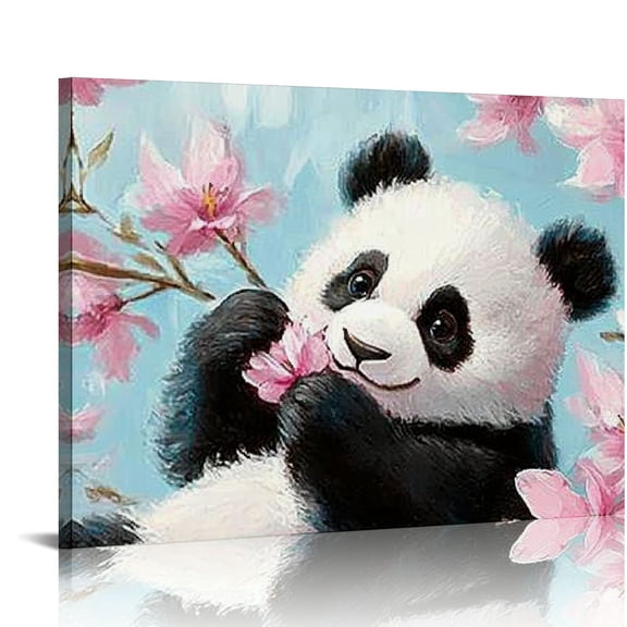 FCXZI Cute Animal Canvas Wall Art Baby Panda Playing with Flower Pictures Print Chinese Style Painting Artwork Stretched and Artwork for Kids Bedroom Living Room Nursery Decor 16x12in