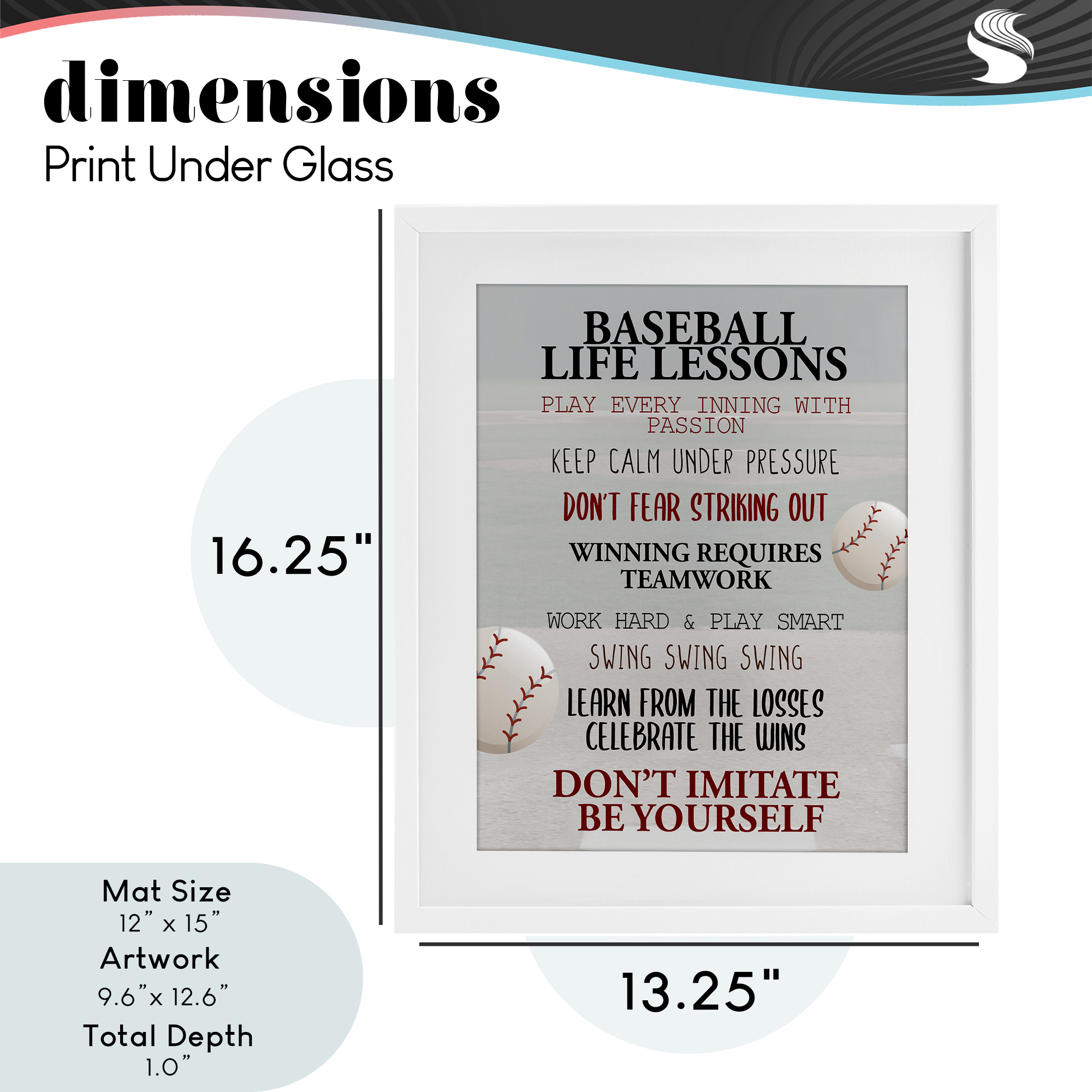 Baseball Life Lessons White Framed Print Under Glass, design by Kim Allen