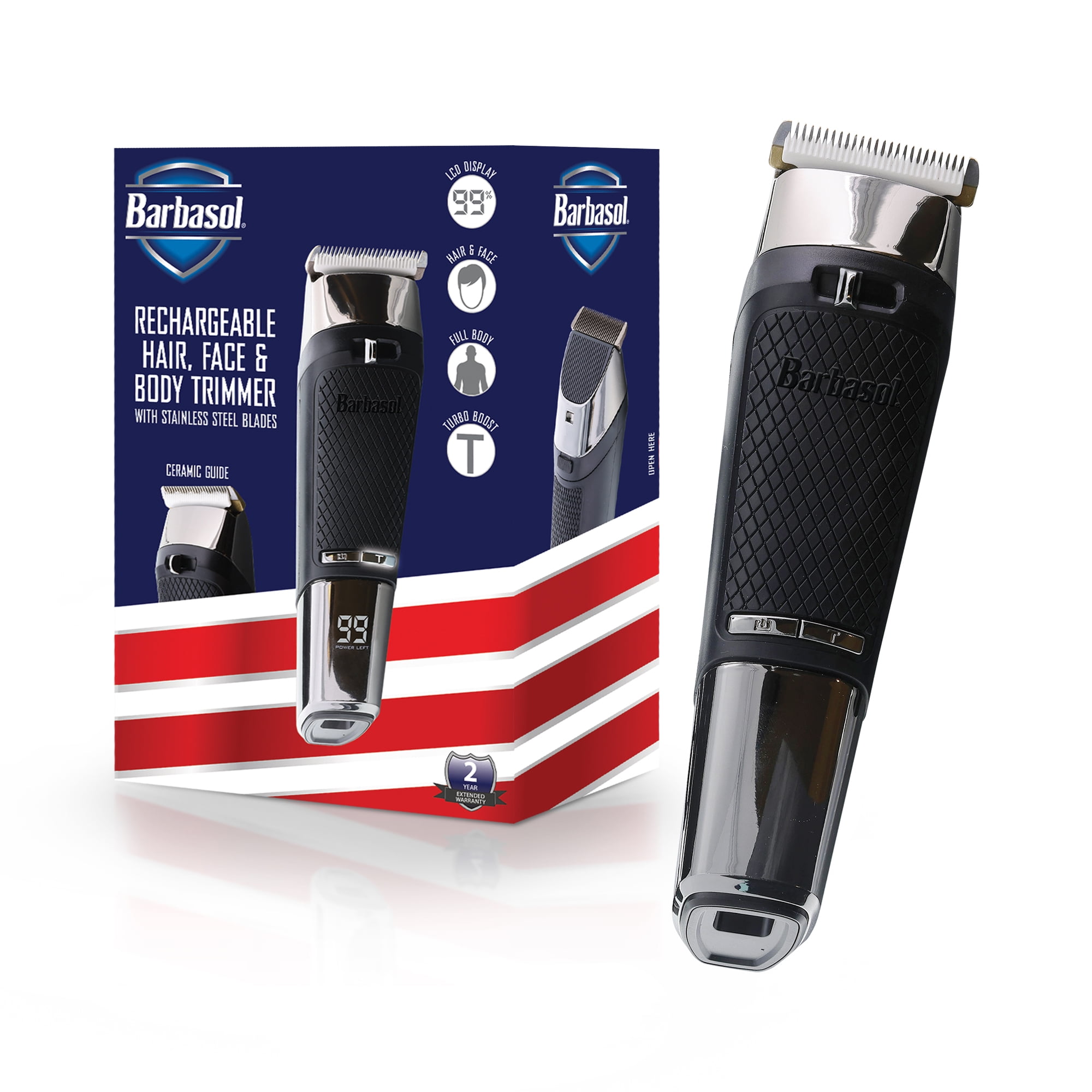 Barbasol Rechargeable Hair, Beard & Body Trimmer for Men, Ceramic Blades, Turbo Power, LCD Display, Cordless Grooming Kit with 4 Comb Guards