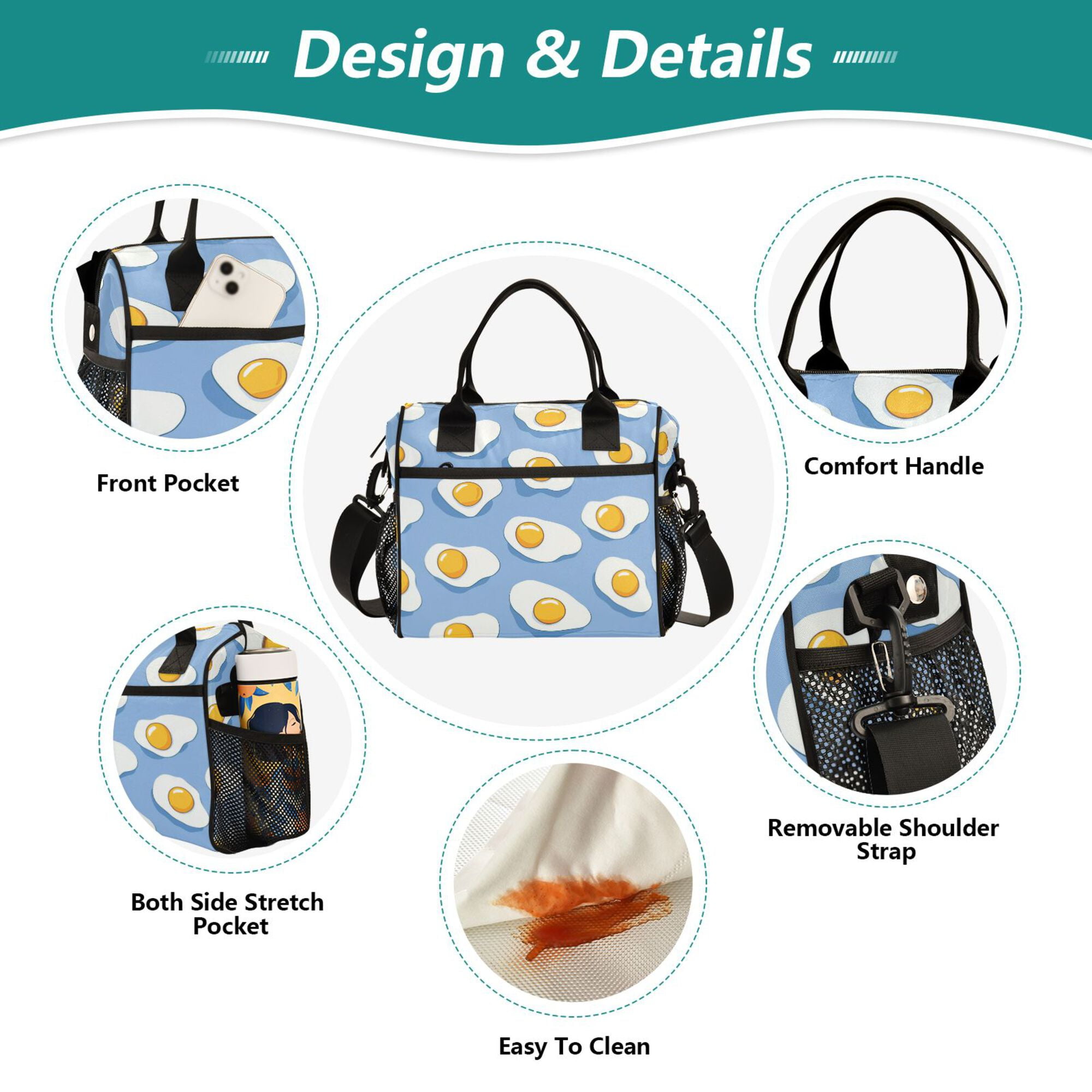 FORMRS Insulated Lunch Bag Unisex Large Capacity with Shoulder Strap, Playful Fried Eggs