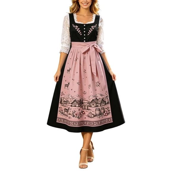 ZGRBOU Women's Oktoberfest Dirndl Printed Dress Elegant Lace Half Sleeve Beer Festival Costumes Bavarian Carnival Dress