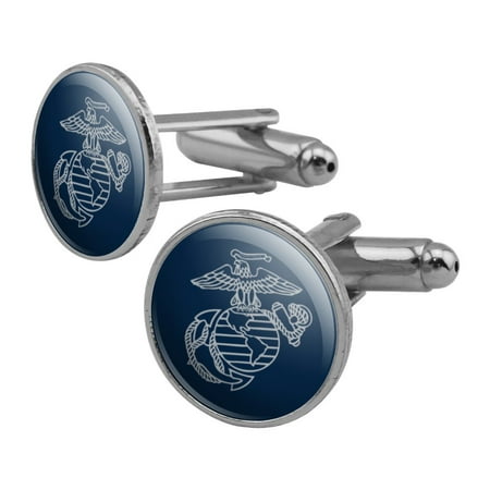 - Marine Corps USMC Gray on Blue Eagle Globe Anchor Logo Officially Licensed Round Cufflink Set Silver Color
