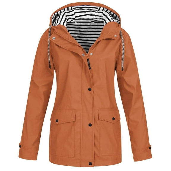 DYTTDG Women's Outdoor Waterproof Jacket Casual Striped Button Zipper Long Windbreaker Coat Drawstring Hooded Jacket with Pockets Great Gifts for Less