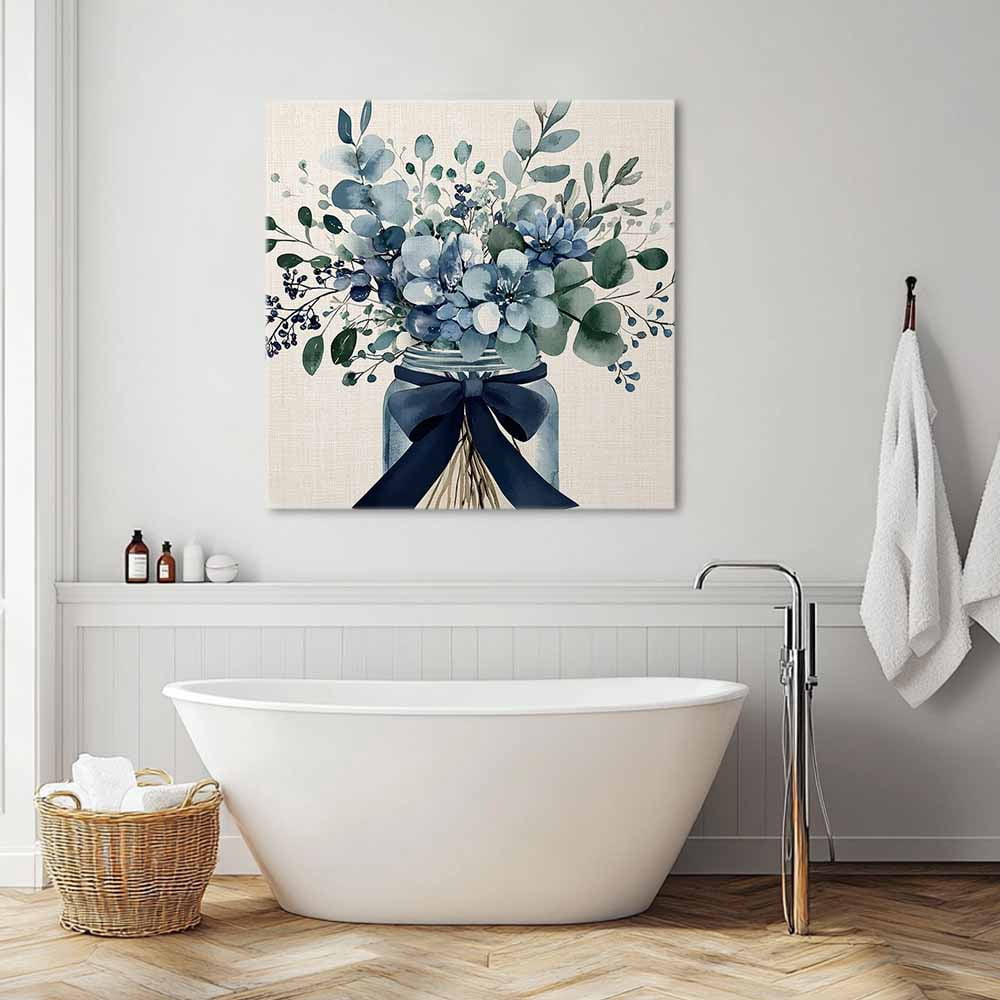Blue Floral Canvas Wall Art, Pastoral Eucalyptus Leaf Bow Vase Framed Wall Decor Modern Artwork Prints Painting for Living Room, Bedroom, Kitchen & Cafe Decor 12x12 Inch
