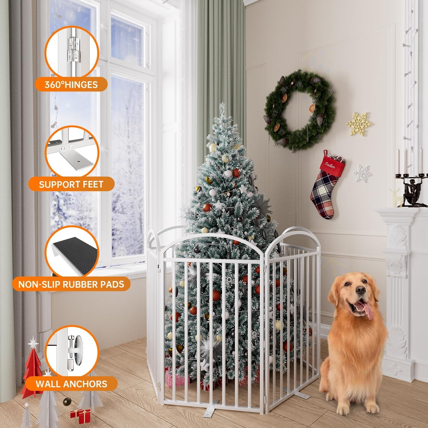 4 Panels Full Matel Freestanding Dog Gates with Door, 96"Extra Wide 32"Tall Free Standing Dog Pet Gate for Indoor & Outdoor. Foldable Pet Fences for Doorways, House, Stairs, Porch, Deck, Yard
