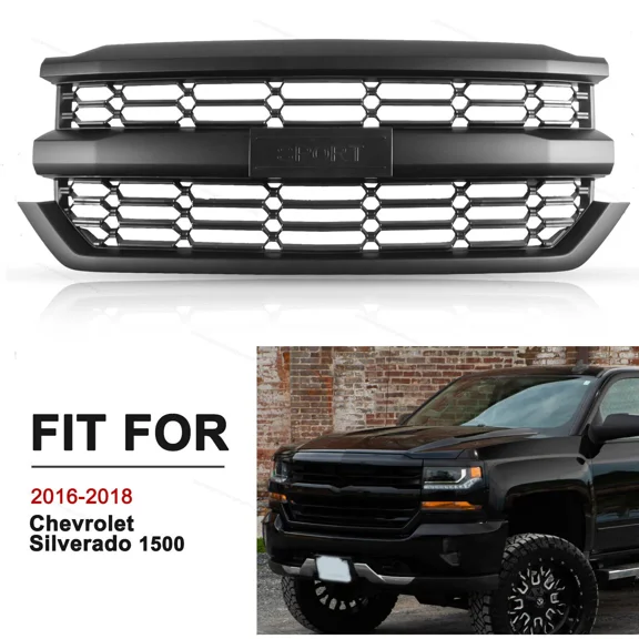 BoardRoad Fits 2016-2018 Chevy Silverado 1500 Front Upper Bumper Grille Matte Black Grill
