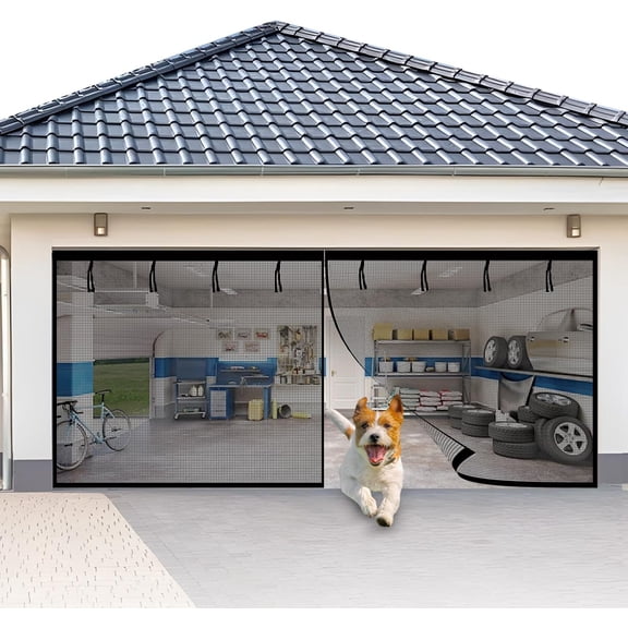 Fiberglass Garage Screen Door Size: 16.3X7.15FT, Heavy Duty Fiberglass Magnetic Garage Door Screen for 2-Car Garages, Hands-Free Door Curtain with 8 Roll-Up Straps