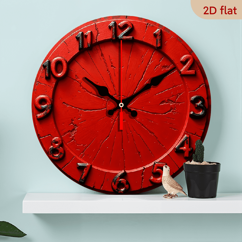 2D Flat, 1pc 10Inch Vintage Red Wall Clock - Silent Non-Ticking Battery-Powered Round Wood Clock with Minimalist Face Frame, Quiet Movement for Bathroom, Kitchen, Living Room - Ideal for ' Rooms (
