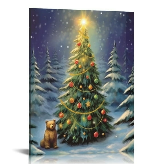 JEUXUS Tree Canvas Print Snowy Forest Pine Trees Wall Art Paintings for Wall Rabbit Squirrel Festive Holiday Home Decor