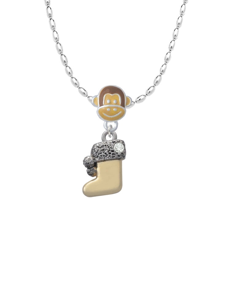 Delight Jewelry Two-tone 3-D Stocking with Clear Crystal Mia Monkey Charm Necklace
