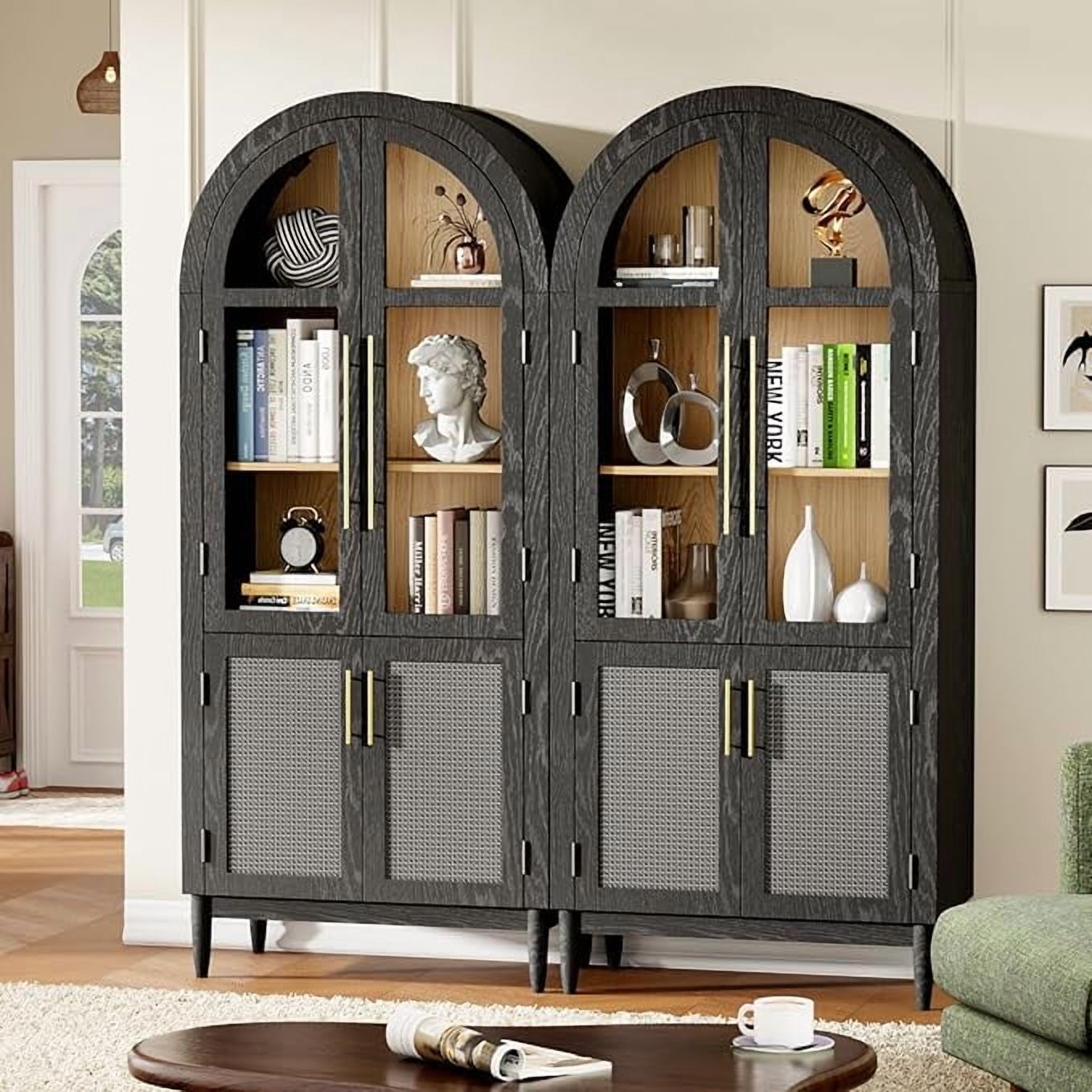 MAYEERTY 71"H Arched Accent Cabinet, Wood Kitchen Pantry Cabinets with Glass Rattan Door and Adjustable Shelf for Living Room, Dining Room, Black