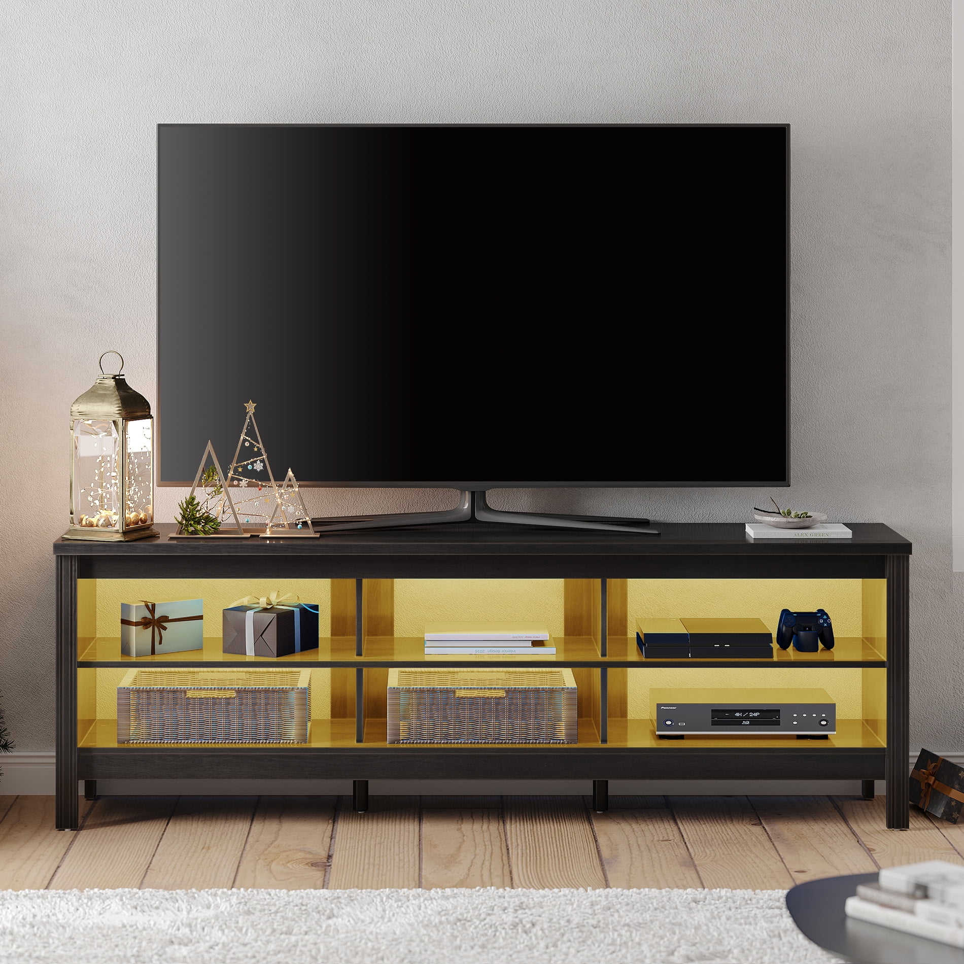 LED TV Stand for 75" TV Modern Entertainment Center with Warm LED Lights Media Console Cabinet with 6 Storage Shelves,Black 70 inch