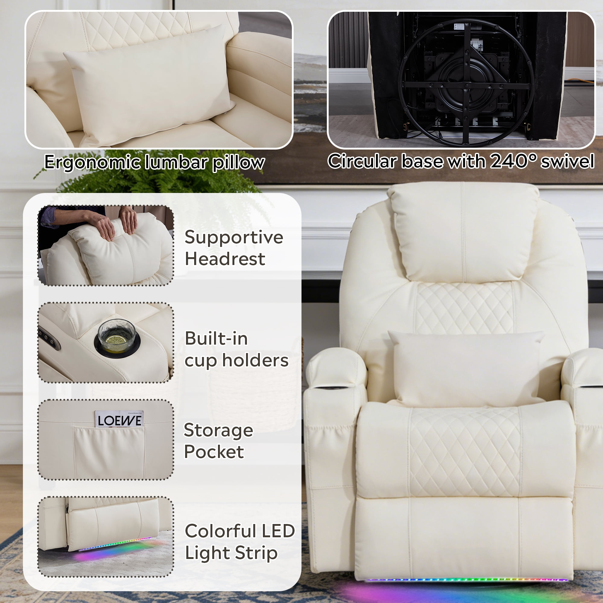 Dual Motor Power Swivel Rocker Recliner Chair for Adults with Heat and Massage, Electric Wall Hugger Rocking Recliner for Nursery Living Room with LED Lights, USB A&C Ports