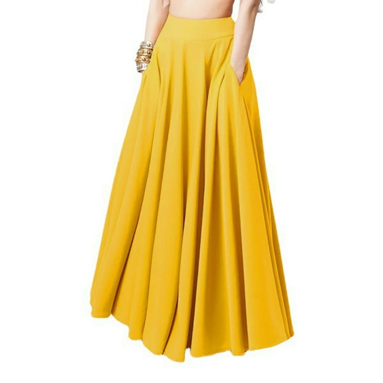 Buy Lavany Women's Summer Chiffon High Waist Pleated Hem Beach Maxi Skirt  (S=US XS Yellow) At