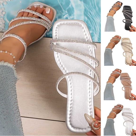 Samdudou Dressy Sandals for Women Sparkly Rhinestone Asymmetric Strappy Open Toe Slip On Flats Square Silhouette Bling Evening Party Shoes Special Occasion Summer Footwear