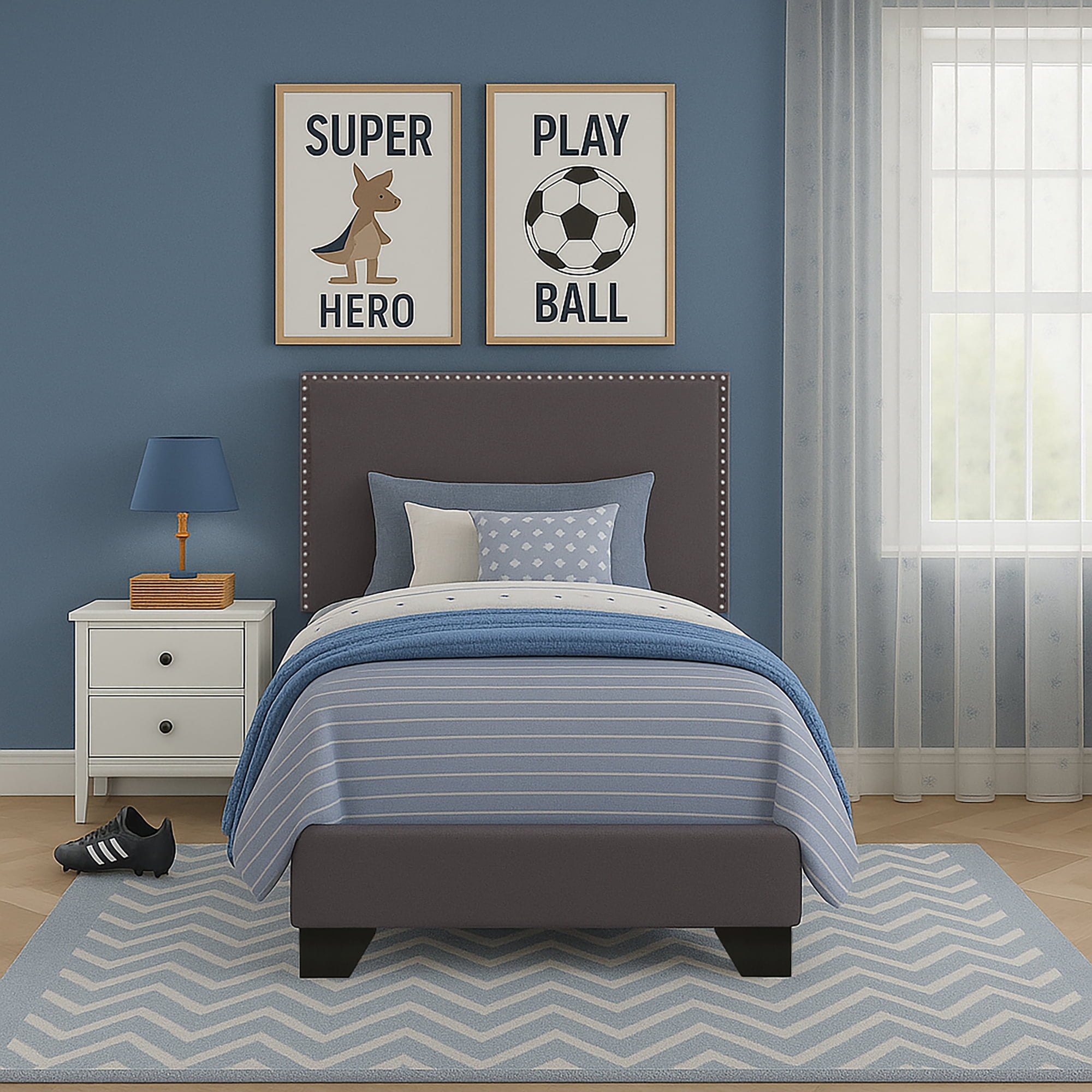 Willow Nailhead Trim Upholstered Twin Bed, Charcoal