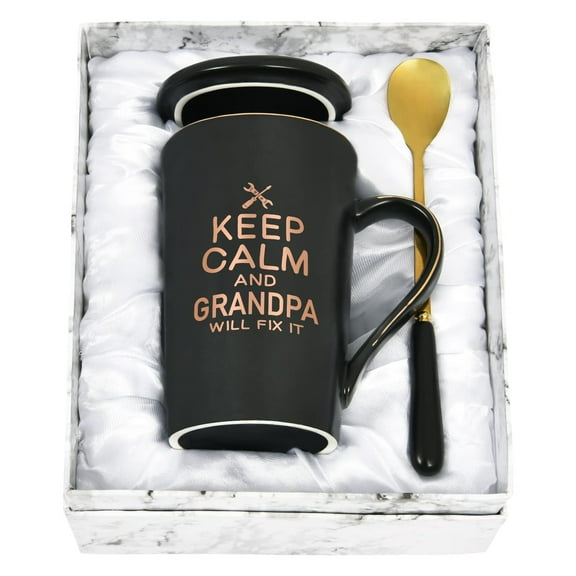 Gifts for Grandpa - Keep Calm and Grandpa Will Fix It Ceramic Mugs, Grandpa Gifts from Grandchildren, Birthday Gifts, Christmas Gifts, Futtumy 14 fl oz Black Coffee Mug Ceramic Mug Tea Cup